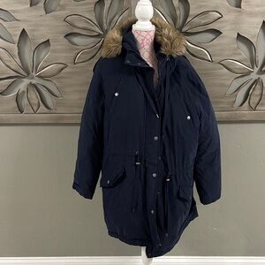Old Navy Dark Blue Puffer Coat with Faux Fur Hood